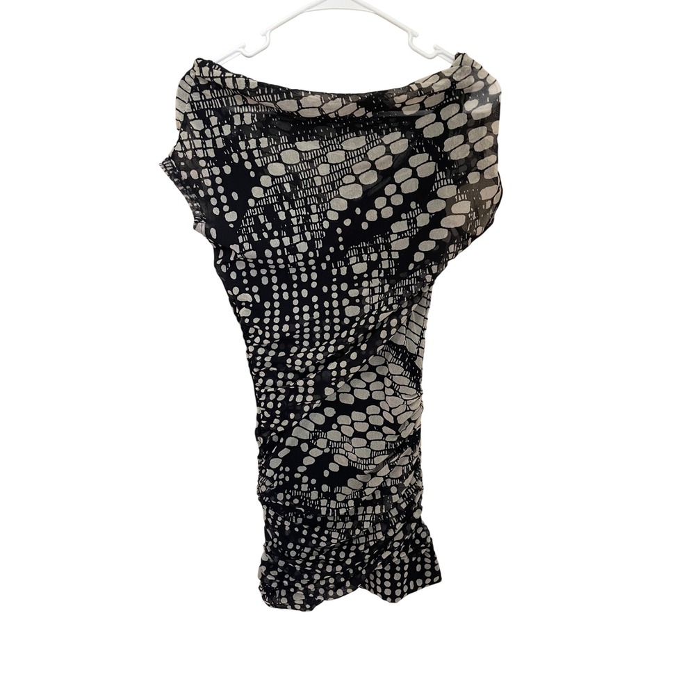 Fuzzi Italy Sz S Black White Abstract Dot Mesh Ruched Cowl Boatneck Mini Dress
